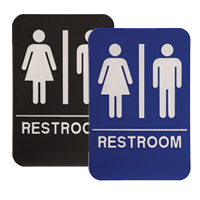 This ADA compliant Unisex Accessible Restroom sign is 6” x 9” and is 1/8” thick. Comes in blue/black background w/ white engraving letters.