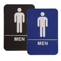 This ADA compliant Men Accessible Restroom sign is 6” x 9” and is 1/8” thick. Comes in blue/black background w/ white engraving letters.