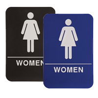 This ADA compliant Women Accessible Restroom sign is 6” x 9” and is 1/8” thick. Comes in blue/black background w/ white engraving letters.