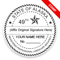 This professional landscape architect stamp for the state of Alaska adheres to state regulations and provides top quality impressions. Orders over $75 ship free.
