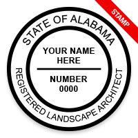 This professional landscape architect stamp for the state of Alabama adheres to state regulations & provides top quality impressions. Orders over $75 ship free.