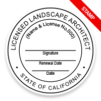 This professional landscape architect stamp for the state of California adheres to state regulations and provides top quality impressions. Orders over $75 ship free.