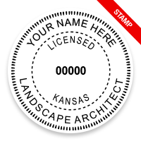 This professional landscape architect stamp for the state of Kansas adheres to state regulations and provides top quality impressions. Orders over $75 ship free.