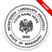 This professional landscape architect stamp for the state of Mississippi adheres to state regulations & provides top quality impressions. Orders over $75 ship free.