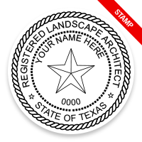 This professional landscape architect stamp for the state of Texas adheres to state regulations and provides top quality impressions. Orders over $75 ship free.