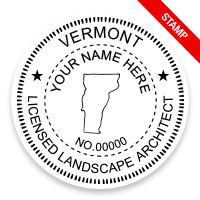 This professional landscape architect stamp for the state of Vermont adheres to state regulations & provides top quality impressions. Orders over $75 ship free.