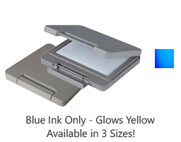 This invisible blue ink stamp pad glows yellow under a UV black light. Ideal for stamping on skin. Pad locks tight for storage & ships in 1-2 business day.