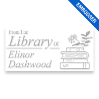 Customizable 1" x 2" rectangle library embosser, stacked books with flowers design. Available on 3 mounts: desk, gift and pocket. Fast shipping.