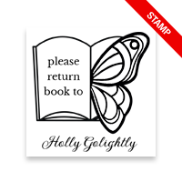 Tailor-made 1-5/8" square book stamp. Butterfly book page design. 7 mount options available. Wood, self-inking and pre-inking. Fast shipping.