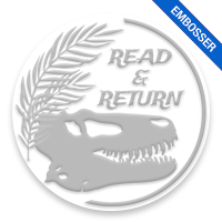 Prehistoric creature design. Customizable 2" round book embosser. Available in 4 mount options: desk, gift, pocket and EX long reach. Ships quick.