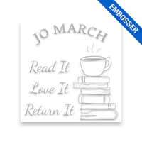 Custom-made 1-5/8" square book embosser. Coffee on stacked books design. 3 mount options available. Desk, gift and pocket. Fast shipping.