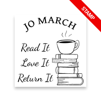 Custom-made 1-5/8" square book stamp. Coffee on stacked books design. 7 mount options available. Wood, self-inking and pre-inking. Fast shipping.