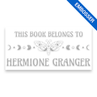 Customizable 1" x 2" rectangle book embosser. Moth with moon phases design. 3 mount options available. Desk, gift and pocket. Fast shipping.