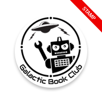 Custom-made 1-5/8" round book stamp. Sci-Fi design. 6 mount options available. Wood, self-inking and pre-inking. Fast shipping.