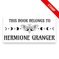 Customizable 1-1/2" x 3" rectangle book stamp. Moth with moon phases design. 4 mount options available. Wood, self-inking and pre-inking. Fast shipping.