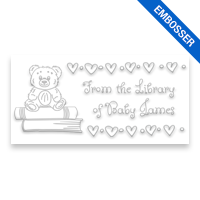 Personalize this 1" x 2" rectangle book embosser. Teddy bear with hearts design. 3 mount options available. Desk, gift and pocket. Fast shipping.