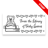 This 1-1/2" x 3" teddy bear with hearts library stamp can be personalized to fit your style. 4 mount options: wood, self-inking & pre-inking. Ships fast.