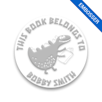Personalized 1-5/8" round book embosser. Happy dinosaur design. 3 different mount options available. Desk, gift and pocket. Fast shipping.