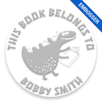 Custom-made 2" round book embosser. Happy dinosaur design. 4 mount options available. Desk, gift, pocket and EX long reach. Fast shipping.