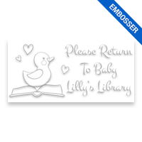 Custom-made 1" x 2" rectangle book embosser. Duck on open book design. 3 mount options available. Desk, gift and pocket. Fast shipping.