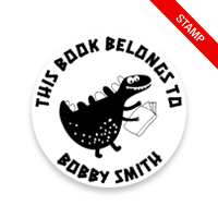Personalized 1-5/8" round book stamp. Happy dinosaur design. 6 mount options available. Wood, self-inking and pre-inking. Fast shipping.