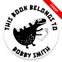 Custom-made 2" round book stamp. Happy dinosaur design. 6 mount options available. Wood, self-inking and pre-inking. Fast shipping.
