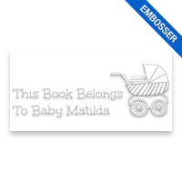 Personalized 1" x 2" rectangle book embosser. Book buggy design. 3 mount options available. Desk, gift and pocket. Fast shipping.