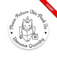 Tailor-made 1-5/8" round book stamp. Studious unicorn design. 6 mount options available. Wood, self-inking and pre-inking. Fast shipping.