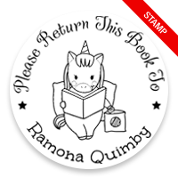 Customizable 2" round book stamp. Studious unicorn design. 6 mount options available. Wood, self-inking and pre-inking. Fast shipping.