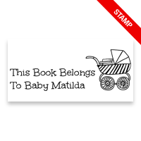 1-1/2" x 3" personalized book buggy rectangle library stamp. 4 mount options are available on: wood, self-inking and pre-inking. Fast shipping.