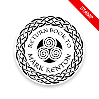 Personalized 1-5/8" round book stamp. Spinners w/ braided border design. 6 mount options available. Wood, self-inking and pre-inking. Fast shipping.