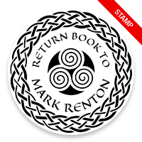 Customizable 2" round book stamp. Spinners w/ braided border design. 6 mount options available. Wood, self-inking and pre-inking. Fast shipping.