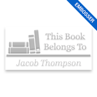 Customizable 1" x 2" rectangle book embosser. Books on a shelf design. 3 mount options available. Desk, gift and pocket. Fast shipping.