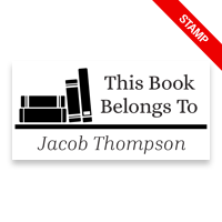 Personalized 1" x 2" rectangle library stamp, books on a shelf design. 5 mount options available. Wood, self-inking, pocket & pre-inking. Fast shipping.