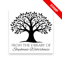 Made-to-order 1-5/8" square book stamp. Blossoming tree design. 7 mount options available. Wood, self-inking and pre-inking. Fast shipping.