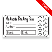 Tailor-made 1" x 2" rectangle book stamp. Ticket to read review design. 6 mount options available. Wood, self-inking, pocket & pre-inking. Fast shipping.