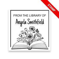 Customizable 1-5/8" square book stamp. Flowering open book design. 7 mount options available. Wood, self-inking and pre-inking. Fast shipping.