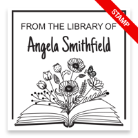 Customize this 2" square book stamp. Flowering open book design. 3 mount options available. Wood hand stamp and pre-inking. Fast shipping.