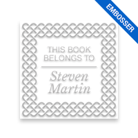 Personalize this 1-5/8" square book embosser. Celtic border design. 3 mount options available. Desk, gift and pocket. Fast shipping.