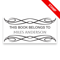 Decorative scrolls rectangle book stamp. Personalize this 1-1/2" x 3" design on 4 mount options: wood, self-inking and pre-inking. Fast shipping.