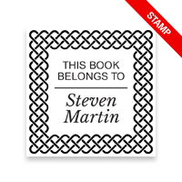 Personalize this 1-5/8" square book stamp. Celtic border design. 7 mount options available. Wood, self-inking and pre-inking. Fast shipping.