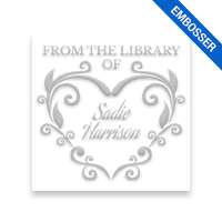 Personalized 1-5/8" square book embosser. Fleur de heart design. 3 mount options available. Desk, gift and pocket. Fast shipping.