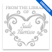 Custom-made 2" square book embosser. Fleur de heart design. Available on the EH desk long reach. Fast shipping.