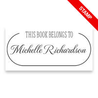 Custom-made 1-1/2" x 3" rectangle book stamp. Oval frame design. 4 mount options available. Wood, self-inking and pre-inking. Fast shipping.