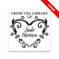 Personalized 1-5/8" square book stamp. Fleur de heart design. 7 mount options available. Wood, self-inking and pre-inking. Fast shipping.