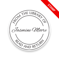 Personalized 1-5/8" round book stamp. Plain double line border design. 6 mount options available. Wood, self-inking and pre-inking. Fast shipping.