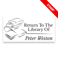 Personalized 1-1/2" x 3" rectangle book stamp. Line art books design on 4 mount options: wood, self-inking and pre-inking. Fast shipping.