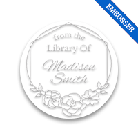 Personalize this 1-5/8" round book embosser. Flowering border design. 3 different mount options available. Desk, gift and pocket. Fast shipping.