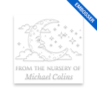 Tailor-made 1-5/8" square book embosser. Night sky design. 3 mount options available. Desk, gift and pocket. Fast shipping.