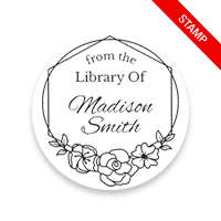 Personalize this 1-5/8" round book stamp. Flowering border design. 6 mount options available. Wood, self-inking and pre-inking. Fast shipping.